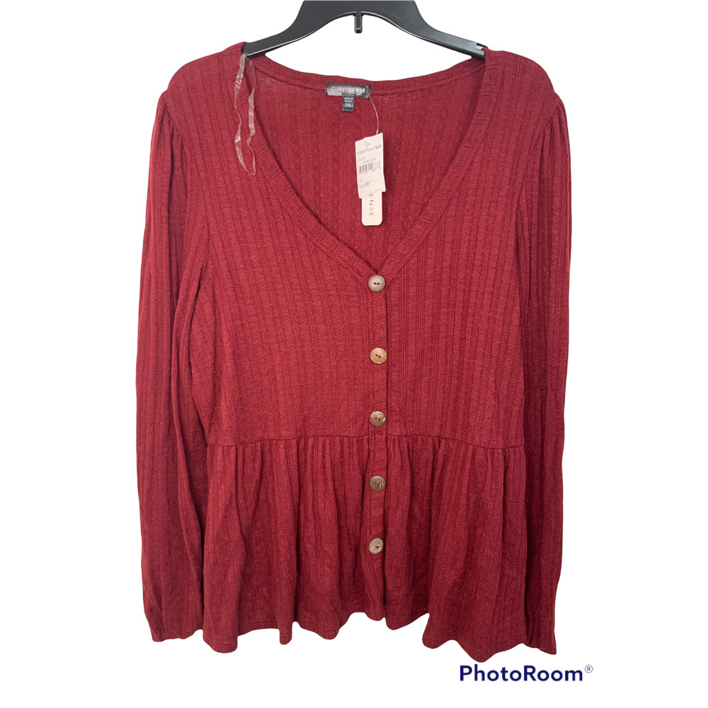 Curvy Sense maroon Ribbed‎ V-neck Sweater Top 3X NWT
